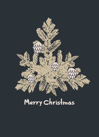 Happy New Year greeting card. Minimalistic design with hand lettering, snowflakes, fir tree branch, lanternのイラスト素材