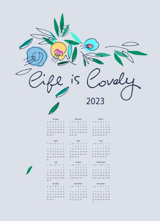 Calendar 2023 with hand drawn wildflowers on light backgroundのイラスト素材