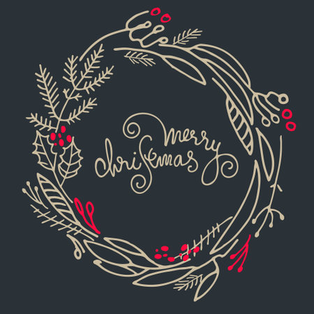 Christmas wreath with hand lettered greetings inside. Frame with fir tree branches, holly, inflorescencesのイラスト素材