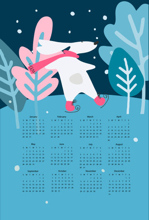Calendar 2023 with hand drawn Water rabbit, zodiac animal for 2023 in the night forestのイラスト素材