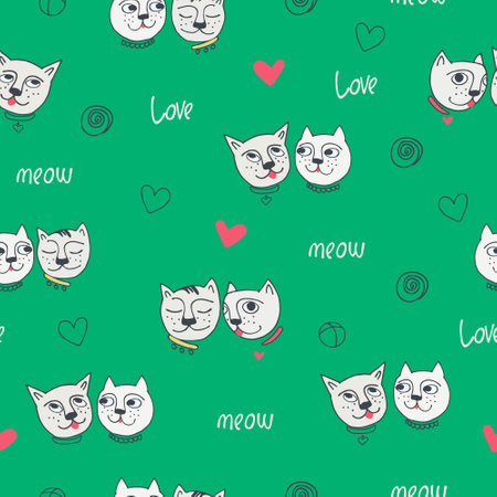 Seamless pattern with funny cat, signature meow and love and hearts in cartoon style. Perfect for kids.のイラスト素材