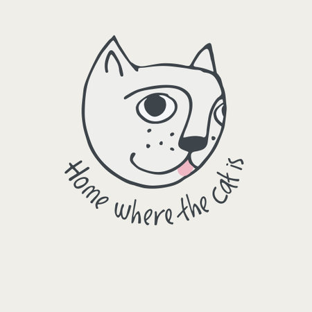 Print with funny cat, lettering Home where the cat is. concept. Perfect for kidsのイラスト素材