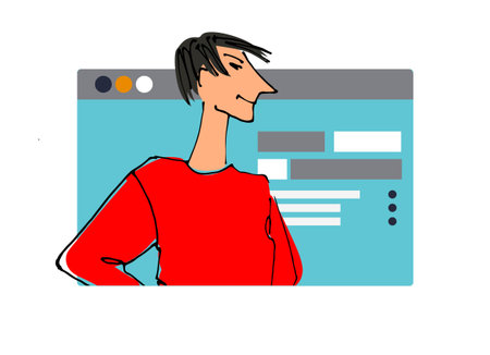 Young man in front of a computer screen. Flat style, isolated vector element