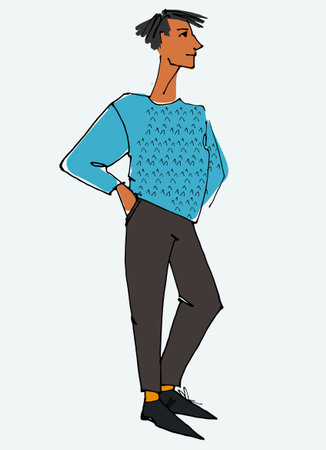 Figure of a young man waving. Flat style, isolated vector elementのイラスト素材