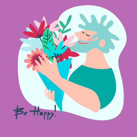 Happy Birthday greeting card design. Young man with a bouquet of flowersのイラスト素材
