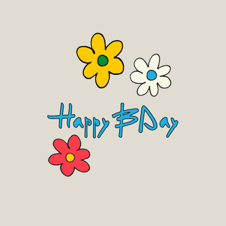 Happy Birthday greeting card design with flowers in trendy retro styleのイラスト素材