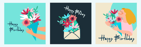Set of Happy Birthday greeting cards design for IG. Hands with a bouquet of flowersのイラスト素材