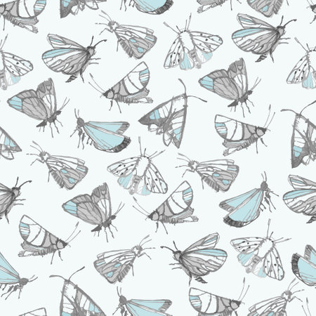 Seamless pattern with fantasy moths, butterflies pencil drawing sketch. Wallpaper, backgound for kidsのイラスト素材