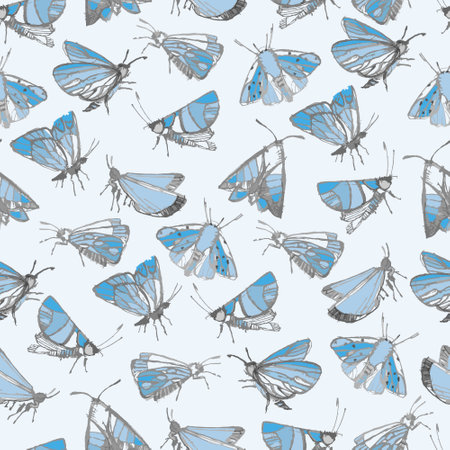 Seamless pattern with fantasy moths, butterflies pencil drawing sketch. Wallpaper, backgound for kidsのイラスト素材