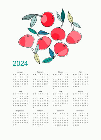 Calendar 2024 with hand drawn apples on light backgroundのイラスト素材
