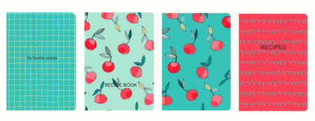 Cover page templates for recipe books based on seamless patterns with apples, pears, plums