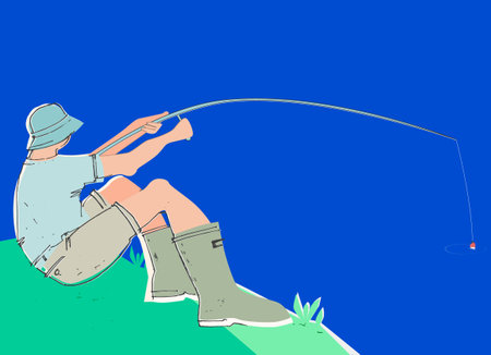 A man fishing. Illustration in line art style. Tourism, hobby, fishermanのイラスト素材