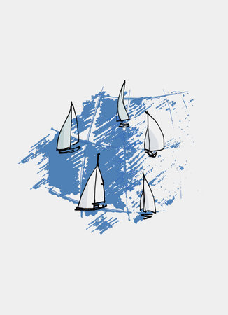 Poster with hand drawn sailing boats and waves for surface design and other design projectsのイラスト素材