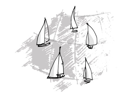 Poster with hand drawn sailing boats and waves for surface design and other design projectsのイラスト素材