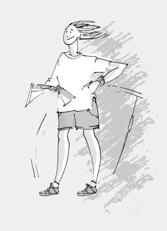 A young girl holds a map in her hands and looks into the distance. Poster, illustration for social mediaのイラスト素材