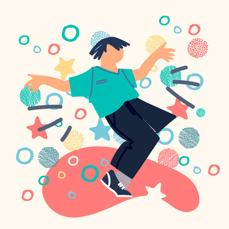 Happy dancing man with arms movement, hands up. Joyful young guy in energetic pose, smiling, moving at music party, discoのイラスト素材