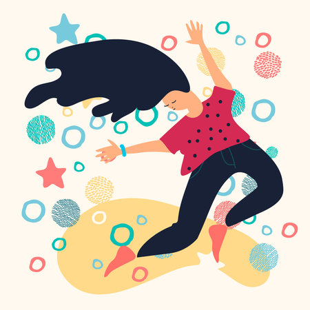 Happy dancing man with arms movement, hands up. Joyful young guy in energetic pose, smiling, moving at music party, discoのイラスト素材