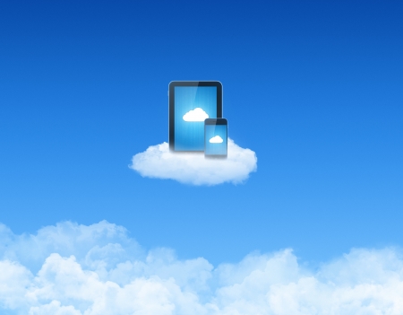 Modern tablet pc with mobile smart phone on a cloud. Conceptual image on cloud computing theme.の写真素材