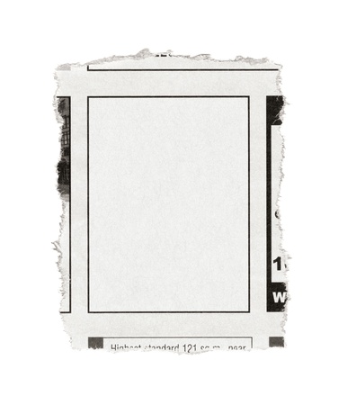 Piece of paper with blank advertisement space torn out from newspaper  Isolated on white の写真素材
