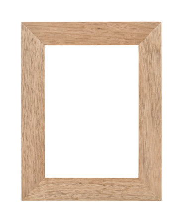Empty rectangular wooden photo frame with woodgrain texture and blank white copyspace  Isolated on...
