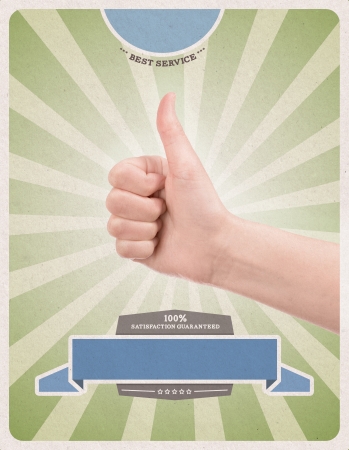 Template of retro style advertising poster with hand giving a thumbs up gesture promising of best service, satisfaction guarantee and 100  success  You can add your company name or text の写真素材