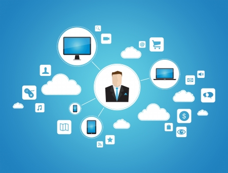 Abstract graphic vector concept of businessman using cloud computing network with technology devices  Isolated on blue backgroundのイラスト素材