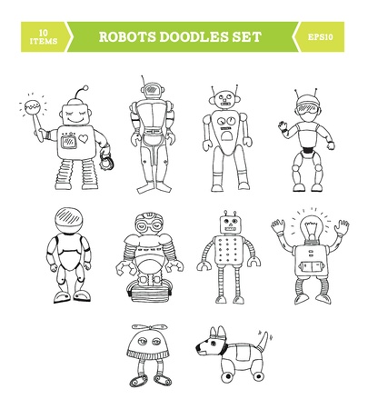Hand drawn vector illustration of robots doodles elements  Ten robots drawn in different poses by hand  Isolated on white backgroundのイラスト素材