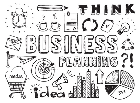 Hand drawn vector illustration set of business planning doodles elements  Isolated on white backgroundのイラスト素材
