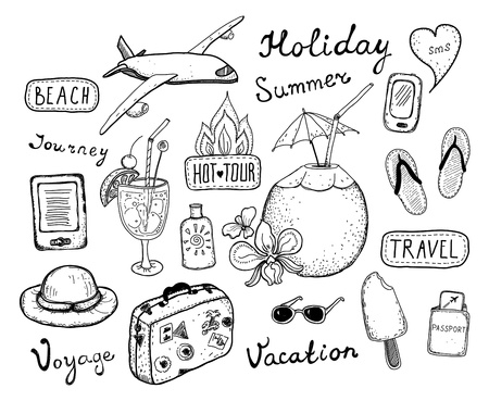 Hand drawn vector illustration set of travel, tourism and summer doodles elements  Isolated on white backgroundのイラスト素材