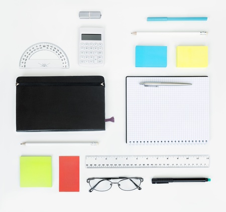 Workplace with office items and business elements on a desk  Concept for branding  Top view  の写真素材