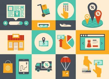 Flat design vector illustration icons of e-commerce symbols, internet shopping elements and online banking objects in retro stylish color  Isolated on colored backgroundのイラスト素材