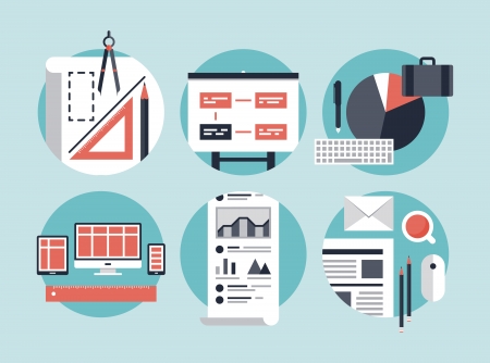 Flat design vector illustration concept icons set of modern business organization management for planning and development innovation of computer technologies  Isolated on stylish color のイラスト素材