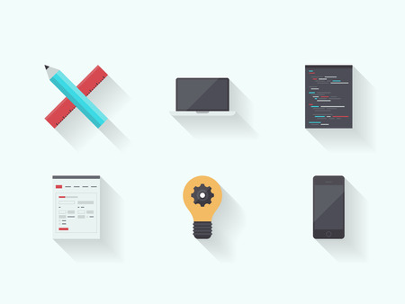 Flat design vector illustration icons set with long shadow of web page programming and user interface product development process design with modern technology devices  Isolated on white background のイラスト素材
