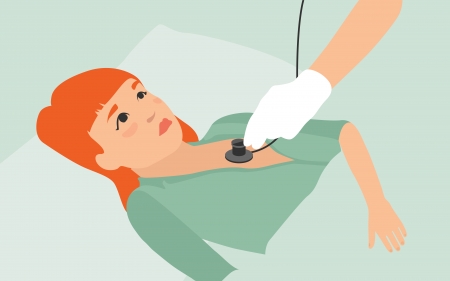 girl lying on a bed and a caring doctor examining a patient holding a stethoscope in handのイラスト素材