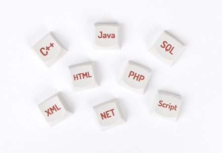 Concept of computer keyboard button with a several different programming languages, most common and...