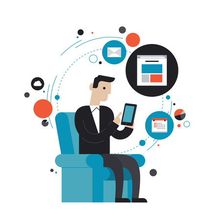 Flat design style modern vector illustration concept of businessman in stylish suit using mobile phone or digital tabletのイラスト素材