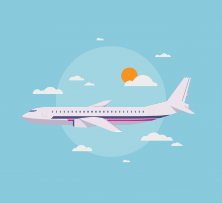 Flat design style modern vector illustration concept of modern detailed airplane flying through clouds in the blue sky のイラスト素材