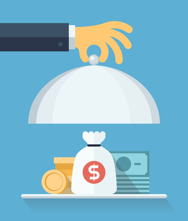 Flat design style modern vector illustration concept of businessman offering a money on the serve plate for funding a commercial project or investment in bank deposit  Isolated on the blue  backgroundのイラスト素材