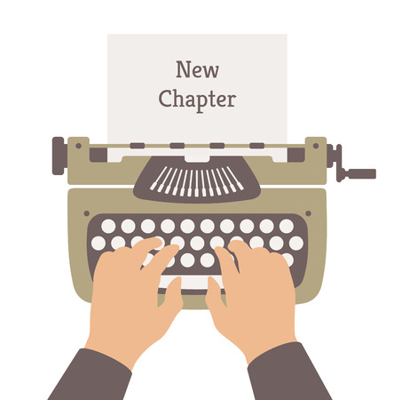 Flat design style modern vector illustration concept of author writing a new chapter in a novel story on a manual vintage stylish typewriter  Isolated on white backgroundのイラスト素材
