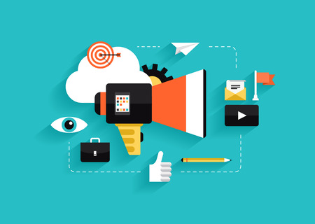 Flat design style modern vector illustration concept with icons of social media marketing,  digital marketing, online advertising process, creative business internet strategy and market promotion development  Isolated on stylish color background のイラスト素材