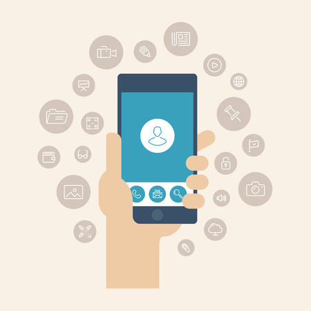 Modern flat design style vector illustration concept of hand holding smartphone with multimedia apps icons and mobile user interface on the phone screen  Isolated on stylish color background のイラスト素材