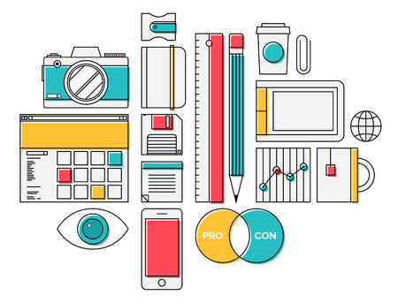 Flat design thin line icons modern style illustration vector set of trendy office supplies and business objects for daily routine, regular items on a desk, marketing report and workflow elements  Isolated on stylish color background のイラスト素材