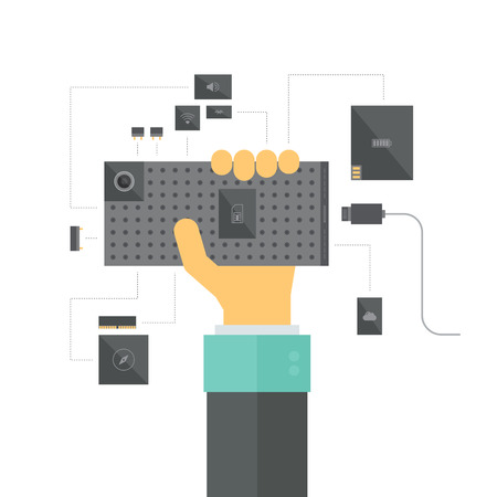Modular smartphone concept with electronic platform and various device modules and components, a new innovation in mobile hardware development process. Flat design style modern vector illustration. Isolated on white background.のイラスト素材