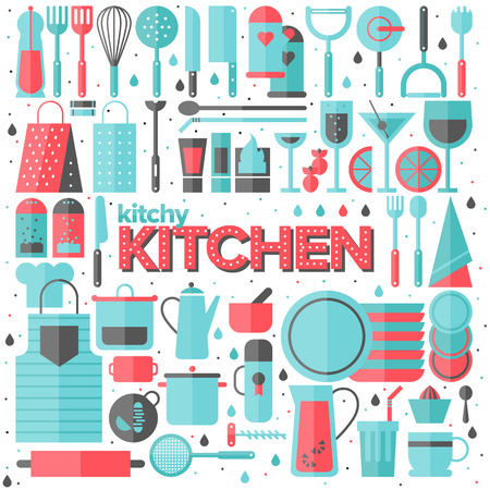 Flat icons set of kitchen utensils and collection of cookwareのイラスト素材