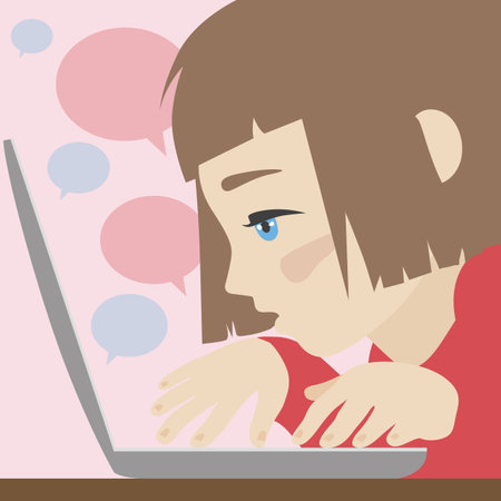 Flat illustration of cute wondered girl chatting over laptop. Flat design style modern vector illustration concept. Isolated on stylish background のイラスト素材