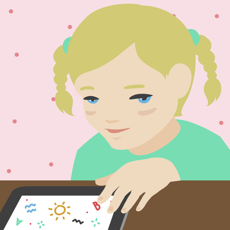 Flat illustration of cute little smiling girl sitting at the desk in her room and drawing on digital tablet. Modern design style vector illustration concept. Isolated on stylish colored backgroundのイラスト素材