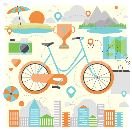 Riding a bike on a various outdoor locations, adventure and vacation travel on a bicycle, lifestyle activity with ecological transport. Flat design style modern vector illustration concept.のイラスト素材