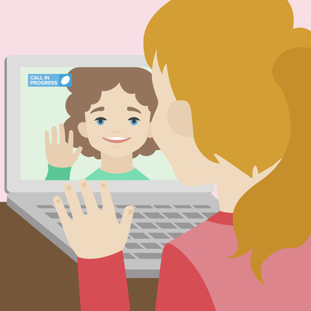 Flat illustration of two happy cute smiling girlfriends calling each other via video chat on a laptop. Flat design style modern vector concept. Isolated on stylish backgroundのイラスト素材