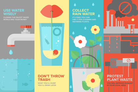Flat banner set of reusing and saving water more efficiently, water consumption by people and in manufacturing industry, water pollution and environmental protectionのイラスト素材