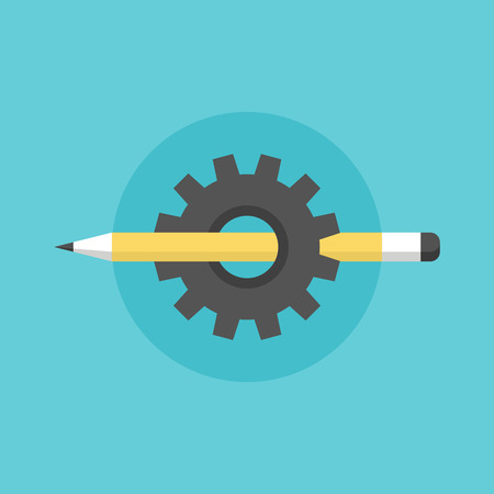 Creating and building process, sketching pen tool with cogwheel mechanism, technical sketch organization. Flat icon modern design style vector illustration concept.のイラスト素材